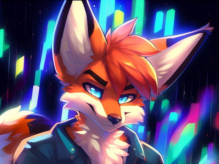 Best quality, Super detailed illustration, cartoon illustration, ultra high 4k quality, ((masterpiece, best quality)) by zackary911,zackary911, fluff-kevlar, by fluff-kevlar, anthro red fox, large red fox ears, red fox whiskers, orange fur, male, solo, one character, furry character, furry male. blue eyes, big fennec ears, puffy blue fur coat, white shirt, blue jeans, orange fur. fluffy fur, big fox tail, serious face, only one tail, dark background, no hair, being eyecocky