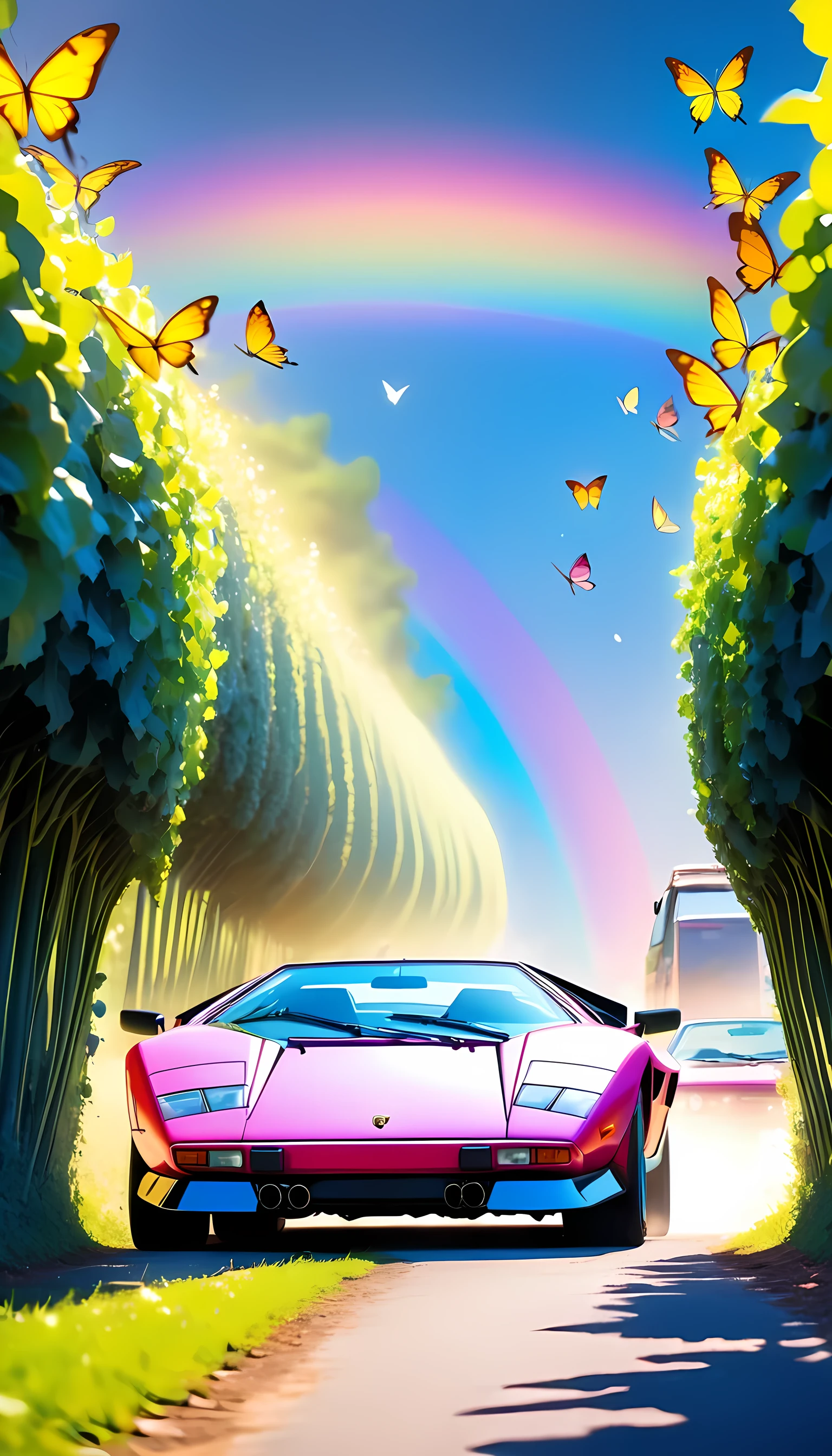  Organic Expressionism ,car,1 car ,Lamborghini,Countach,year-1974,scissor-door, body color =Rainbow/black, bonnets with butterflies, locations are Lombardy ,Vineyards,Shine Muscat, Kampala,  detail, masterpiece,  ultra-fine,  overfall , equipped with modern safety equipment , replace front lights with lasers, replace door mirrors with carbon , wheels are 8 spokes ,Lower vehicle height , cars also have faces ,The finishing touch 