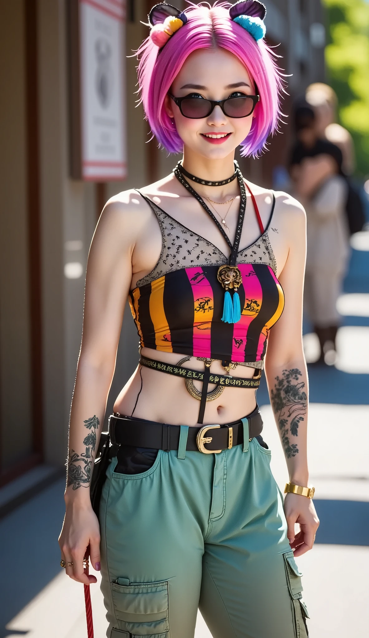 Best Quality、masterpiece、RAW photo、 film grain with horse whip 、 hyperrealism、Realistic 、 Ultra HD 、 punk granny 、 beautiful gradient clothes 、 pink and purple hair 、cute 、sunglasses、 primary color gradation cargo pants、 colorful polka dot shirt 、 amazing smile 、