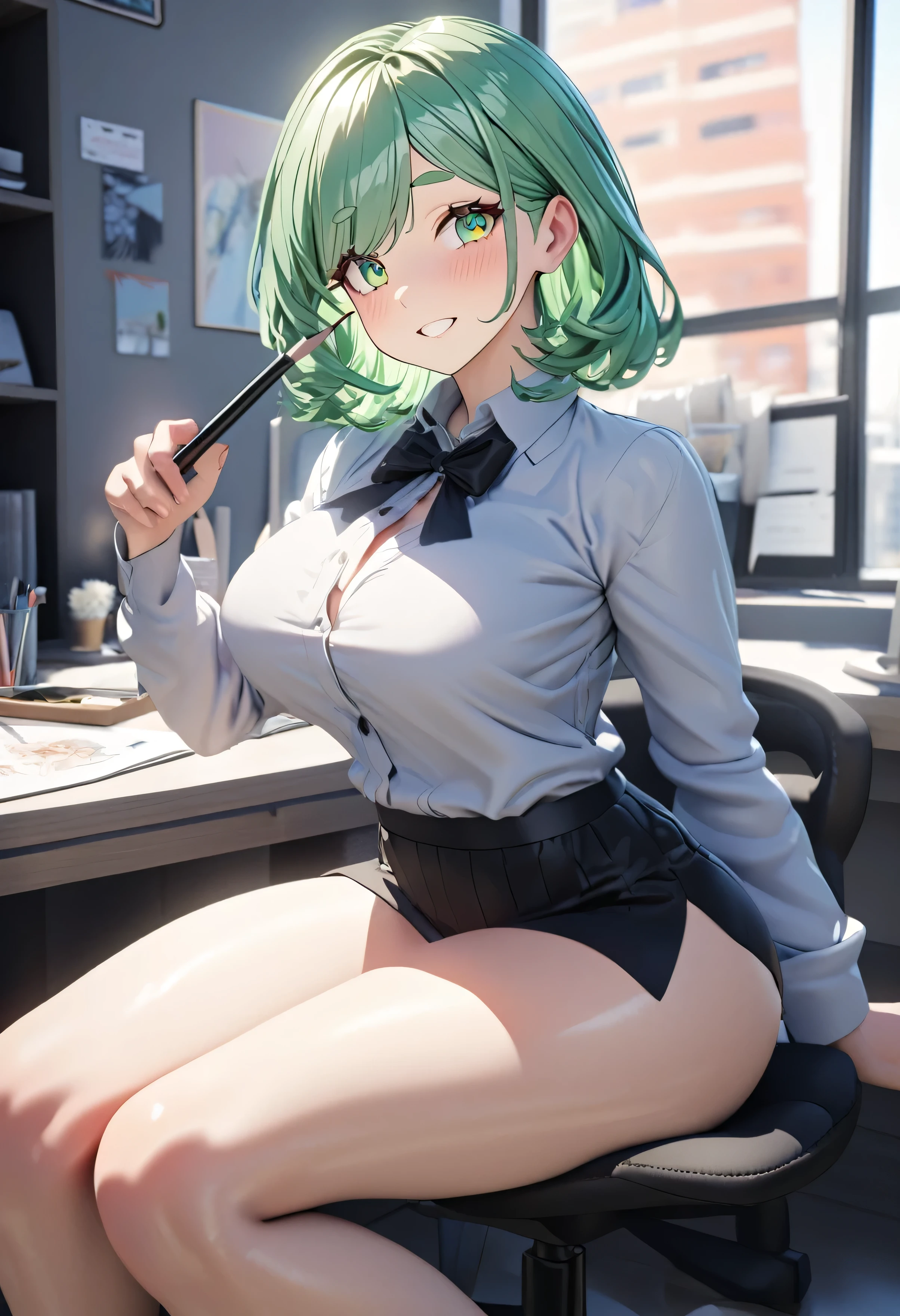 28-year-old charismatic illustrator, Draw a picture,Artistic Color Fullwear,Pencil,In a modern office,Harmless and cheerful cheerful girl,Round face,Super Photoreal 3D,FULL BODYSHOT,tthin eyebrows, Green hair,{{{masutepiece}}}, {{{Best Quality}}}, {{Ultra-detailed}}, {{extremely delicate and beautiful}}, Highly detailed face and skin texture, Detailed eyes, double eyelid, Cute and big eyes shine, Large breasts, cleavage