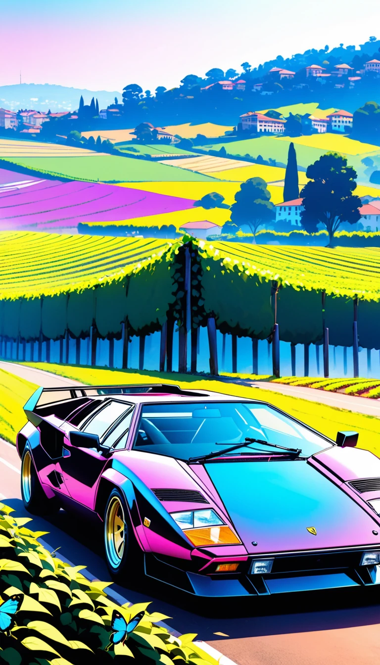  Organic Expressionism ,car,1 car ,Lamborghini,Countach,year-1974,scissor-door, body color =Rainbow/black, bonnets with butterflies, locations are Lombardy ,Vineyards,Shine Muscat, Kampala,  detail, masterpiece,  ultra-fine,  overfall , equipped with modern safety equipment , replace the front light with a laser , replace door mirrors with carbon , wheels are 8 spokes ,Lower vehicle height , cars also have faces ,The finishing touch , and once you finish this illustration, I'll give you this famous car,So seriously draw 