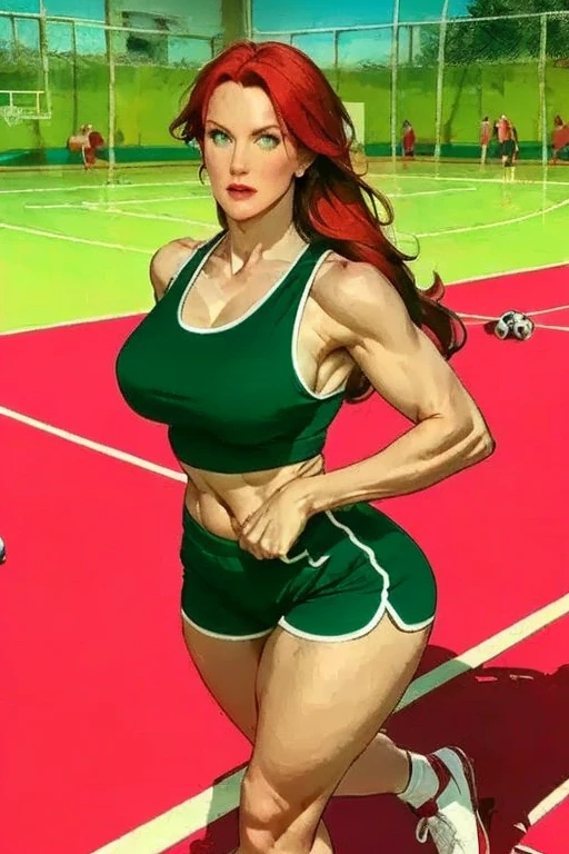 A mature athletic woman, long red hair, green eyes, full lips, round face, face towel around neck, pink tank top, black cotton shorts, large bust, wide hips, thick thighs, red sports sneakers with white socks, sports court background