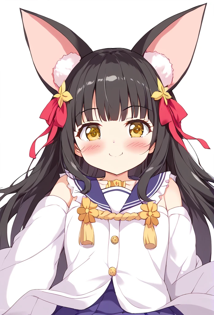 Nagato、Black Hair、 cute girl 、 、Big animal ears、blush、Puff out your cheeks、Big ribbon、White background、masterpiece、 High image quality 、 masterpiece胸,  Masterpiece
