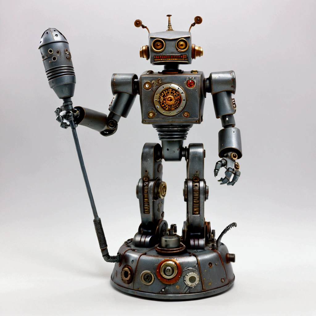 Steampunk style, retro robot, evil ememy, right for arm is rocket louncher, left for arm is hammer, tin toy style, like pulp fiction, plastic model, one figure, (((full body image))), digital image.