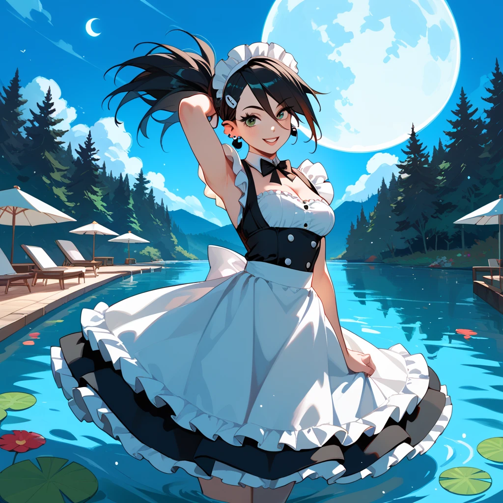  imaginary,full moon,On the water,Girl dancing on the lake, maid clothes,Black Hair,Undine