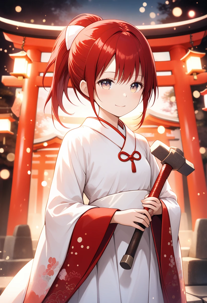  1 Girl,A light smile, bright color,Soft Tone,  warm atmosphere , Gentle lighting,Slender white body,  beautiful eyes down to the smallest detail ,Red Hair, ponytail hair ,( long shrine maiden costume ),( Long Sleeve ),(On the Hammer;1.3),( small breasts),(shrine),(One torii gate :1.3), beautiful anime style ,Bokeh, movie lighting ,  letter depth of border ,  creates an elegant, dreamy atmosphere , Spiritual 
