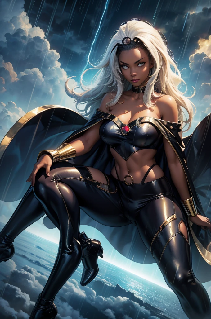 ,(Highly quality, masterpiece, detailed), stormy cloud city detailed scenario, stormy cloud city detailed background, 20 years old girl, dark clouds, rain, wet, 1girl, Ororo, dark skin, strapless, exposed shoulders, long hair, midriff, cape, gloves, skin tight pants, gold trim, sitting on a cloud, Abdomen, Navel, beautiful eyes, perfect eyes, looking at the viewer, Sexy pose