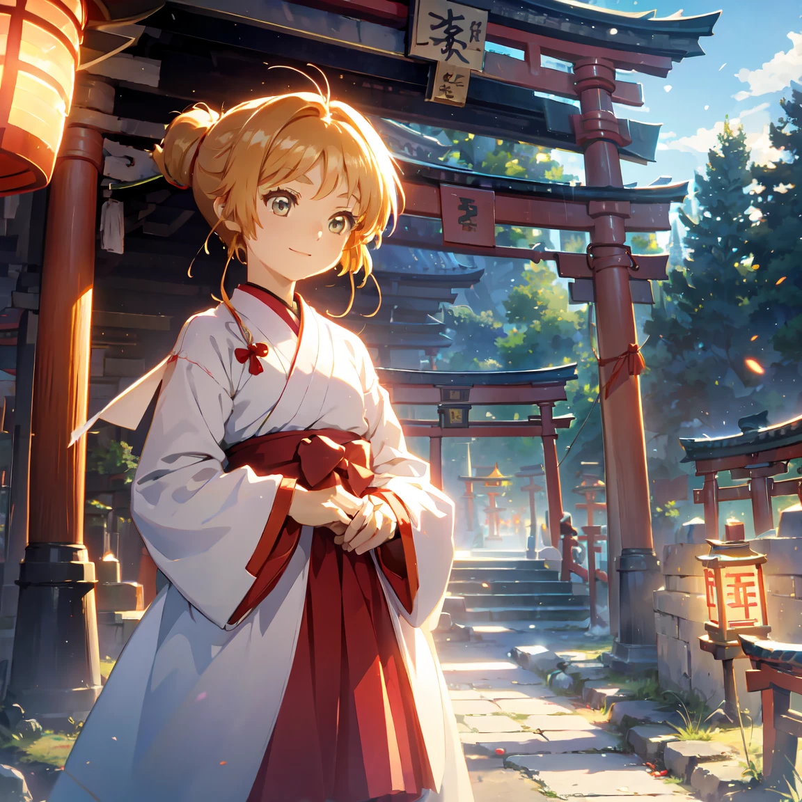  1 Girl,A light smile, bright color,Soft Tone,  warm atmosphere , Gentle lighting,Slender white body,  beautiful eyes down to the smallest detail ,Red Hair, ponytail hair ,( long shrine maiden costume ),( Long Sleeve ),(On the Hammer;1.3),( small breasts),(shrine),(One torii gate :1.3), beautiful anime style ,Bokeh, movie lighting ,  letter depth of border ,  creates an elegant, dreamy atmosphere , Spiritual 
