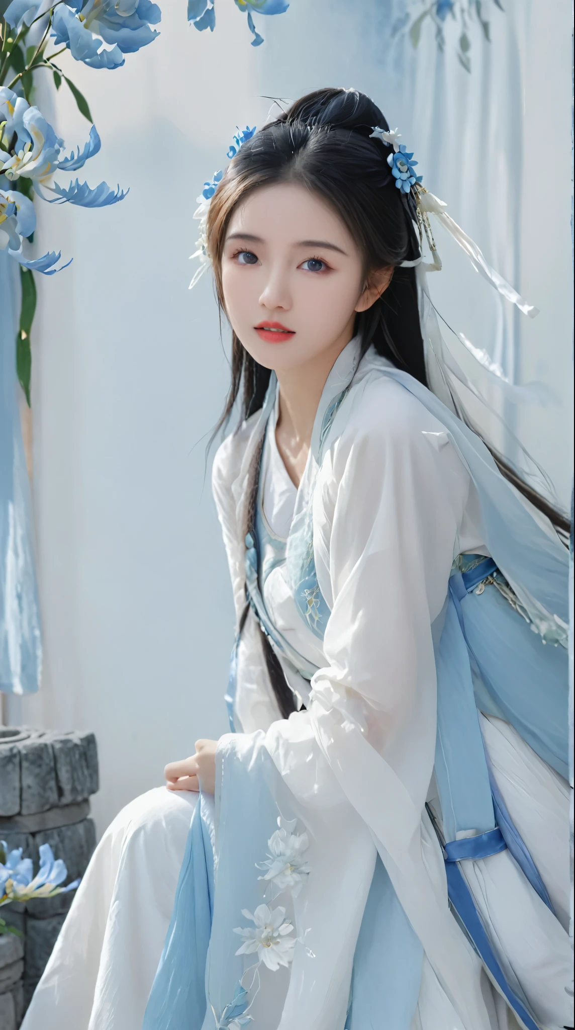 Blue and white porcelain style，Ancient Chinese clothing ， costume is blue and white theme ， ancient Chinese art style，Fashion model 18 years old  [[[[Close Range]]]], [[[[climax]]]], [[[[Cole]]]], [[[[Shoulder]]]],  perfect eyes , Perfect Iris， perfect lips ， perfect teeth ， perfect skin， fair-skinned ， soft headlights ，HDR，Movie Girl， long white hair ，Sad expression，Background is outdoor，white powder wall ，Light blue flowers，4K Ultra HD,  ultra-high resolution, (Realism: 1.4),  best quality ，masterpiece，Ultra diluted ，（Pastel colors：1.2）
