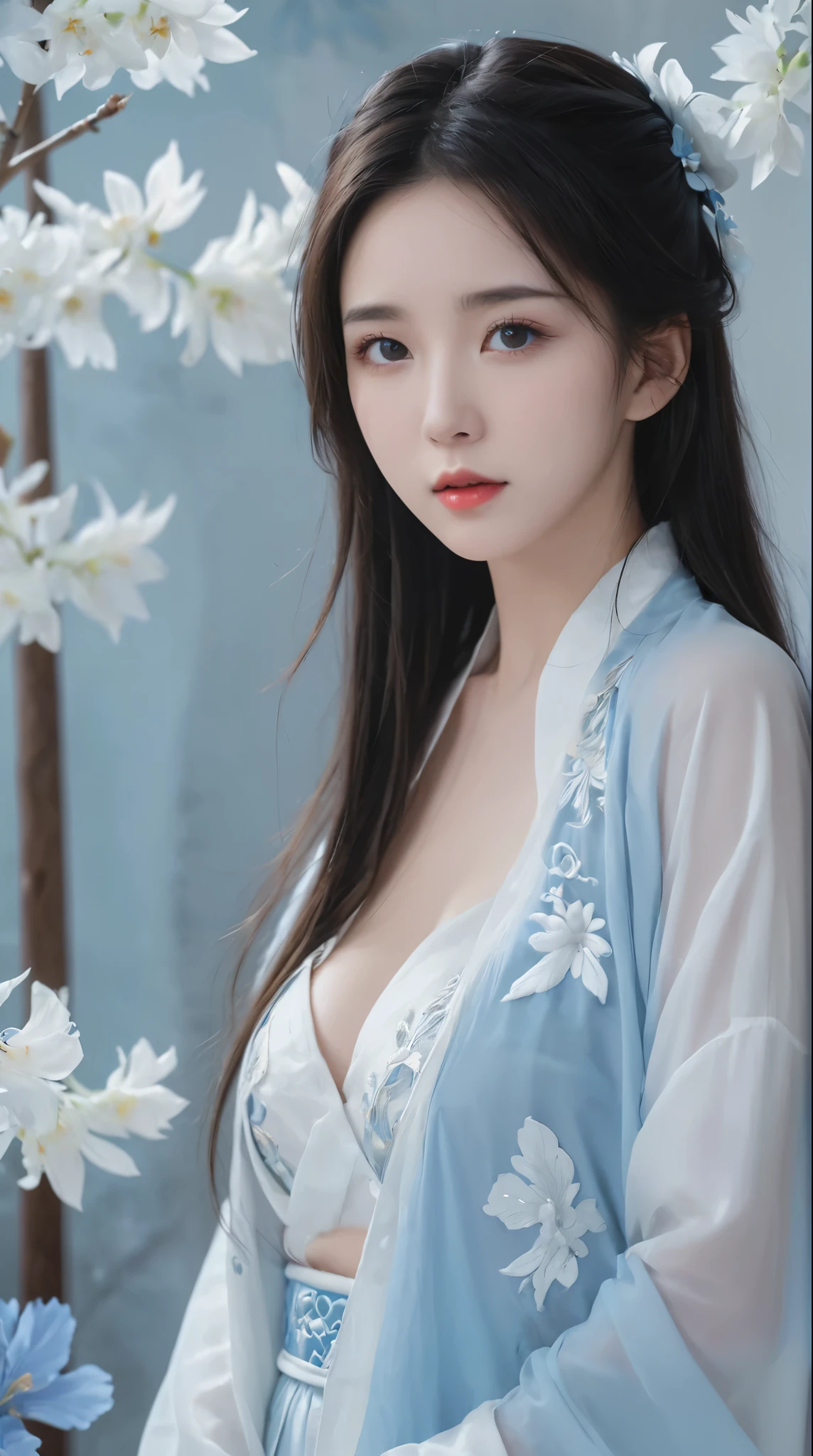 Blue and white porcelain style，Ancient Chinese clothing ， costume is blue and white theme ， ancient Chinese art style，Fashion model 18 years old  [[[[Close Range]]]], [[[[Breast orgasm]]]], [[[[Cole]]]], [[[[Shoulder]]]],  perfect eyes , Perfect Iris， perfect lips ， perfect teeth ， perfect skin， fair-skinned ， soft headlights ，HDR，Movie Girl， long white hair ，Sad expression，Background is outdoor，white powder wall ，Light blue flowers，4K Ultra HD,  ultra-high resolution, (Realism: 1.4),  best quality ，masterpiece，Ultra diluted ，（Pastel colors：1.2）
