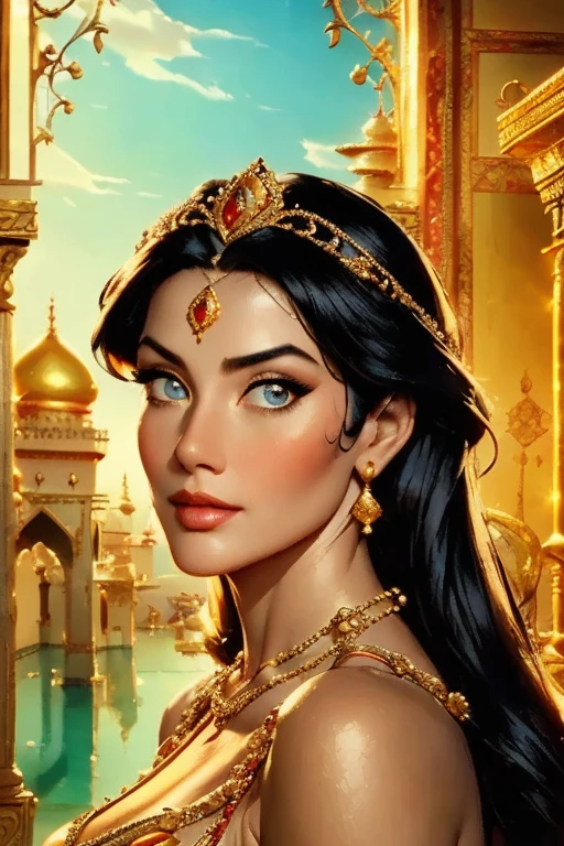 A beautifully realistic, highly detailed portrait of Jasmine, the Disney princess from the animated film Aladdin, wearing an ornate Arabian princess costume, with long dark hair, captivating eyes, delicate facial features, and an elegant, regal expression, set against a lavish, ornate Arabian palace backdrop with intricate architecture, lush greenery, and warm, golden lighting.