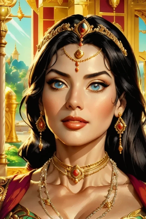 A beautifully realistic, highly detailed portrait of Jasmine, the Disney princess from the animated film Aladdin, wearing an ornate Arabian princess costume, with long dark hair, captivating eyes, delicate facial features, and an elegant, regal expression, set against a lavish, ornate Arabian palace backdrop with intricate architecture, lush greenery, and warm, golden lighting.