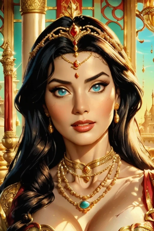 A beautifully realistic, highly detailed portrait of Jasmine, the Disney princess from the animated film Aladdin, wearing an ornate Arabian princess costume, with long dark hair, captivating eyes, delicate facial features, and an elegant, regal expression, set against a lavish, ornate Arabian palace backdrop with intricate architecture, lush greenery, and warm, golden lighting.