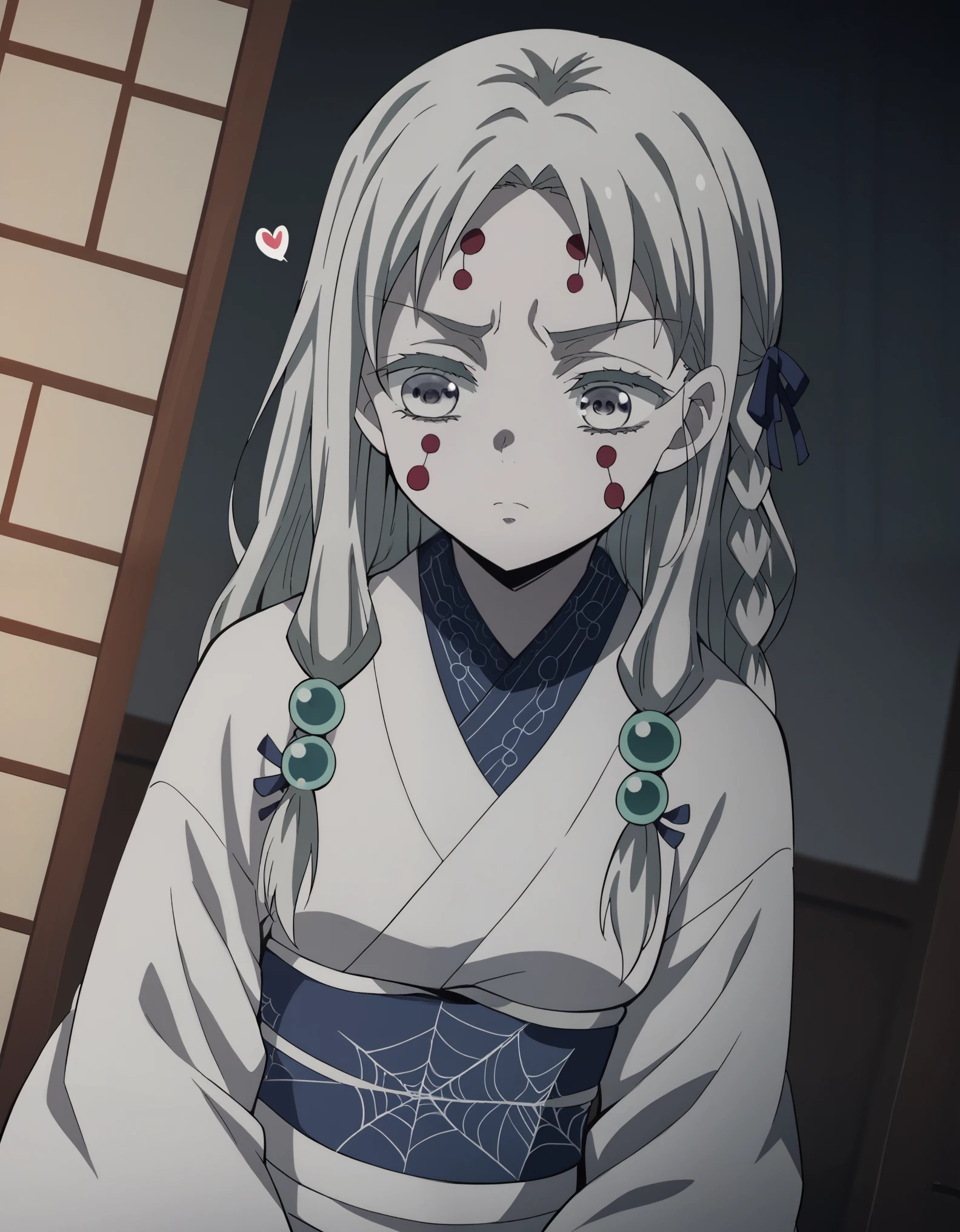  score_9,  score_8_up,  score_7_up, sauce_Anime,姉のSpider Demon, Spider Demon,  braid hair,  Hair Ornament ,  braid hair, Gray Hair, Grey Eyes,  facial mark,  thick eyebrows,  pure white and pale skin, long sleeve,  clevis,  JEWELRY, kimono, sash, heart,indoor, bed, bed room, Aside,Alone,  watching viewers ,  cowboy shot,  Dutch angle,Suzune Horikita