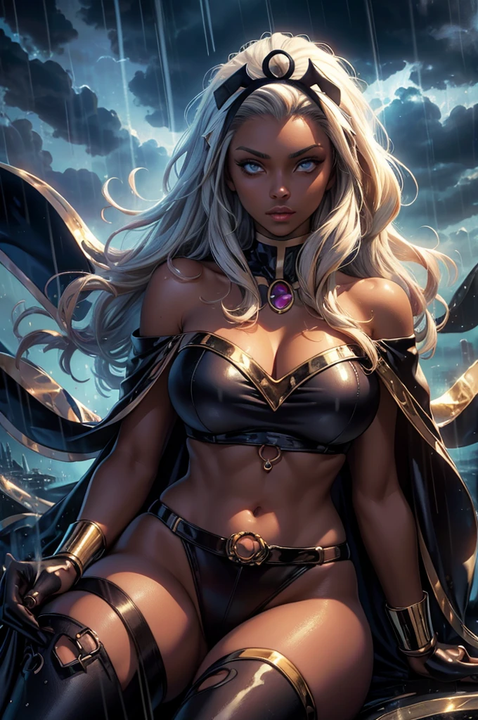 ,(Highly quality, masterpiece, detailed), stormy cloud city detailed scenario, stormy cloud city detailed background, 20 years old girl, dark clouds, rain, wet, 1girl, Ororo, dark skin, strapless, exposed shoulders, long hair, midriff, cape, gloves, skin tight pants, gold trim, sitting on a cloud, Abdomen, Navel, beautiful eyes, perfect eyes, looking at the viewer, Sexy pose