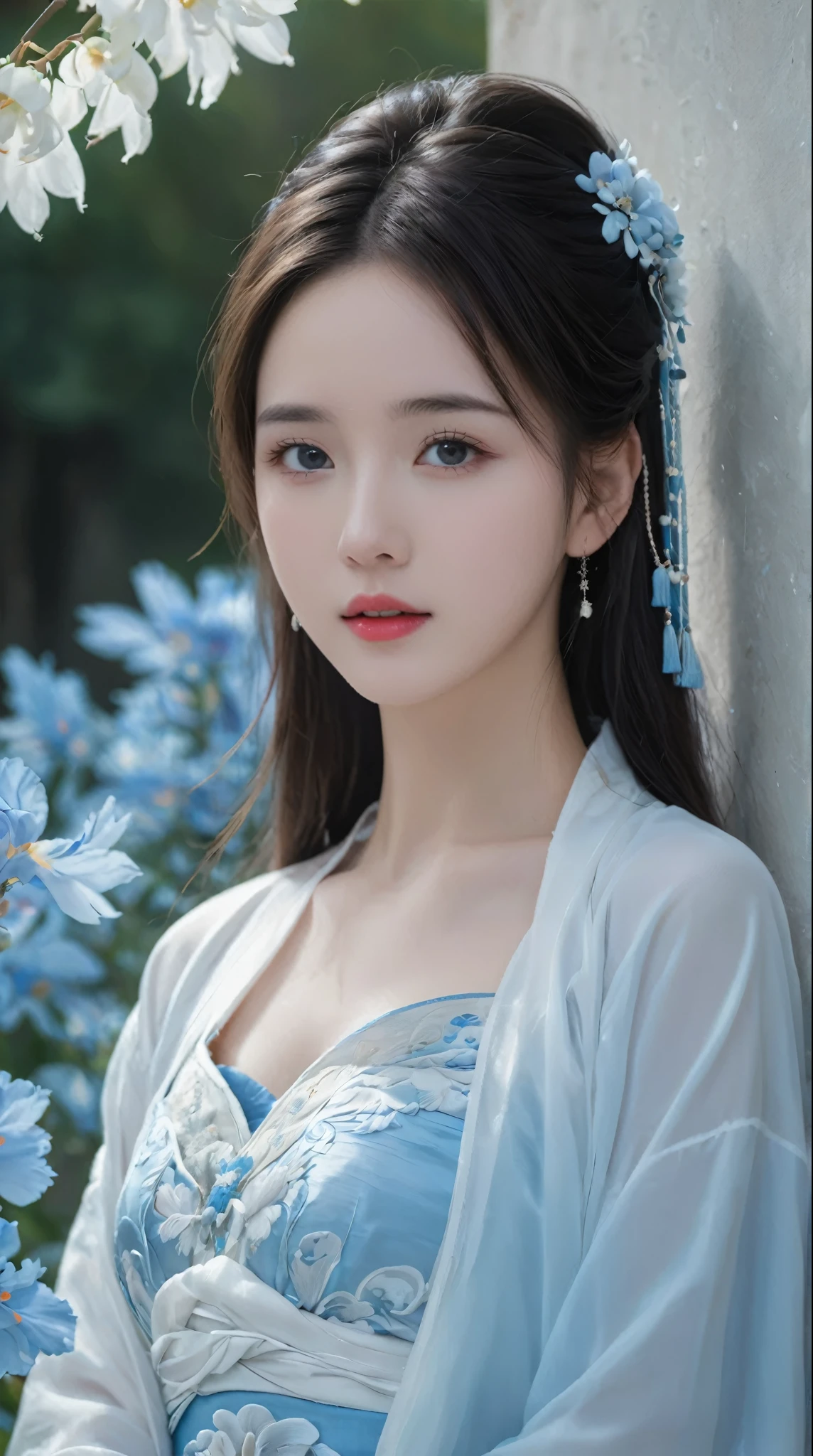 Blue and white porcelain style，Ancient Chinese clothing ， costume is blue and white theme ， ancient Chinese art style，Fashion model 18 years old  [[[[Close Range]]]], [[[[climax]]]], [[[[Cole]]]], [[[[Shoulder]]]],  perfect eyes , Perfect Iris， perfect lips ， perfect teeth ， perfect skin， fair-skinned ， soft headlights ，HDR，Movie Girl， long white hair ，Sad expression，Background is outdoor，white powder wall ，Light blue flowers，4K Ultra HD,  ultra-high resolution, (Realism: 1.4),  best quality ，masterpiece，Ultra diluted ，（Pastel colors：1.2）
