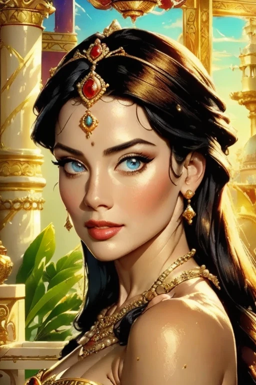 a gorgeous highly detailed portrait of jasmine the disney princess from aladdin,beautiful detailed eyes,beautiful detailed lips,extremely detailed face and features,long flowing dark hair,ornate arabian princess costume,regal and elegant expression,lavish ornate arabian palace background with intricate architecture,lush greenery,warm golden lighting,best quality,8k,highres,masterpiece,ultra-detailed,photorealistic,studio lighting,extreme detail description,vivid colors