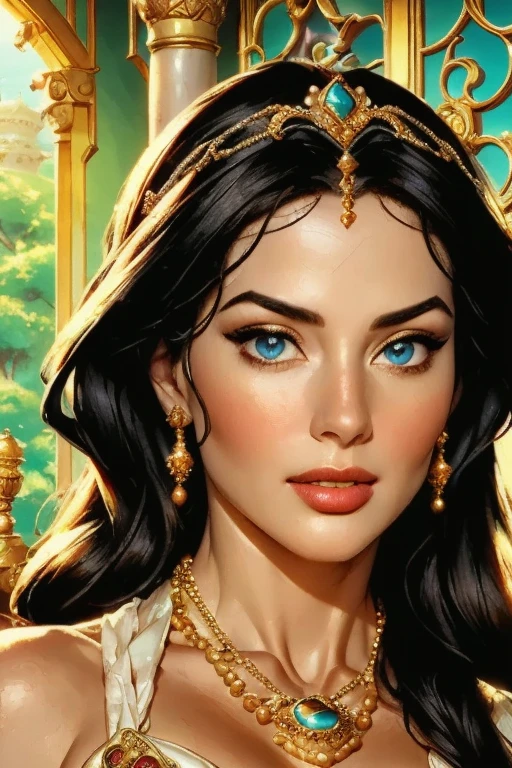 a gorgeous highly detailed portrait of jasmine the disney princess from aladdin,beautiful detailed eyes,beautiful detailed lips,extremely detailed face and features,long flowing dark hair,ornate arabian princess costume,regal and elegant expression,lavish ornate arabian palace background with intricate architecture,lush greenery,warm golden lighting,best quality,8k,highres,masterpiece,ultra-detailed,photorealistic,studio lighting,extreme detail description,vivid colors