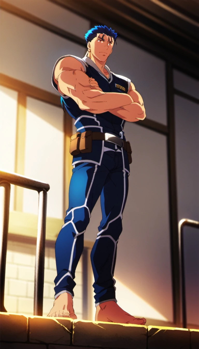 cu Chulainn , Lancer, blue police uniform, very tight, (small head:1.2), heavyweight boxer body, wide and  muscular upper body, muscular arms, long and muscular legs, big feet, neck is thicker and more muscular than the head, red eyes, looking at viewers, from below, full body,  (anime: 1.3), masterpiece, best quality,