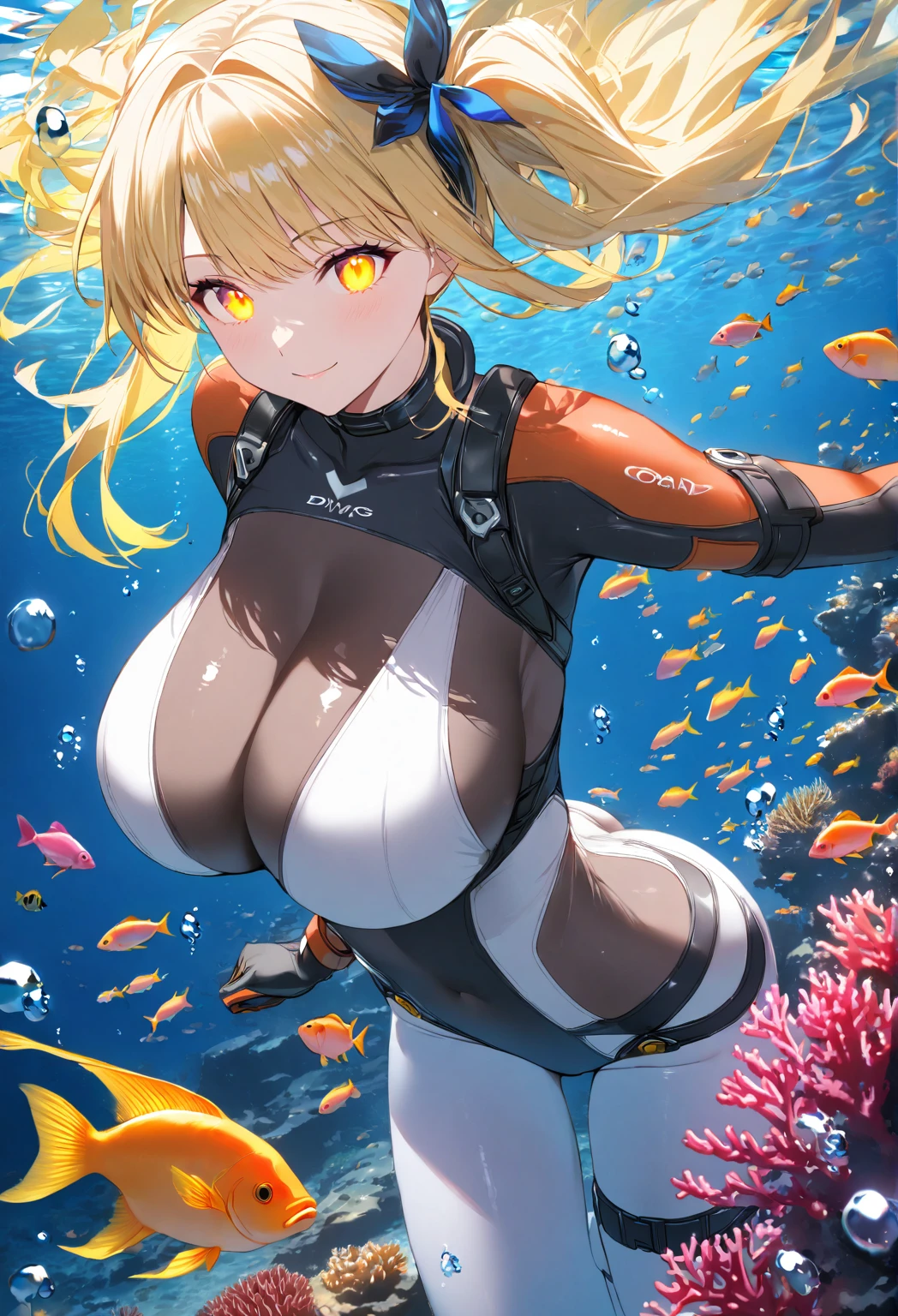 1girl,solo,underwater. many fish,fish ,colorful coral,yellow hair,high quality,glowing eyes,dyving,swimsuit form fitting body suit,big breast,deep dive,bubble,light smile,hair accessories 