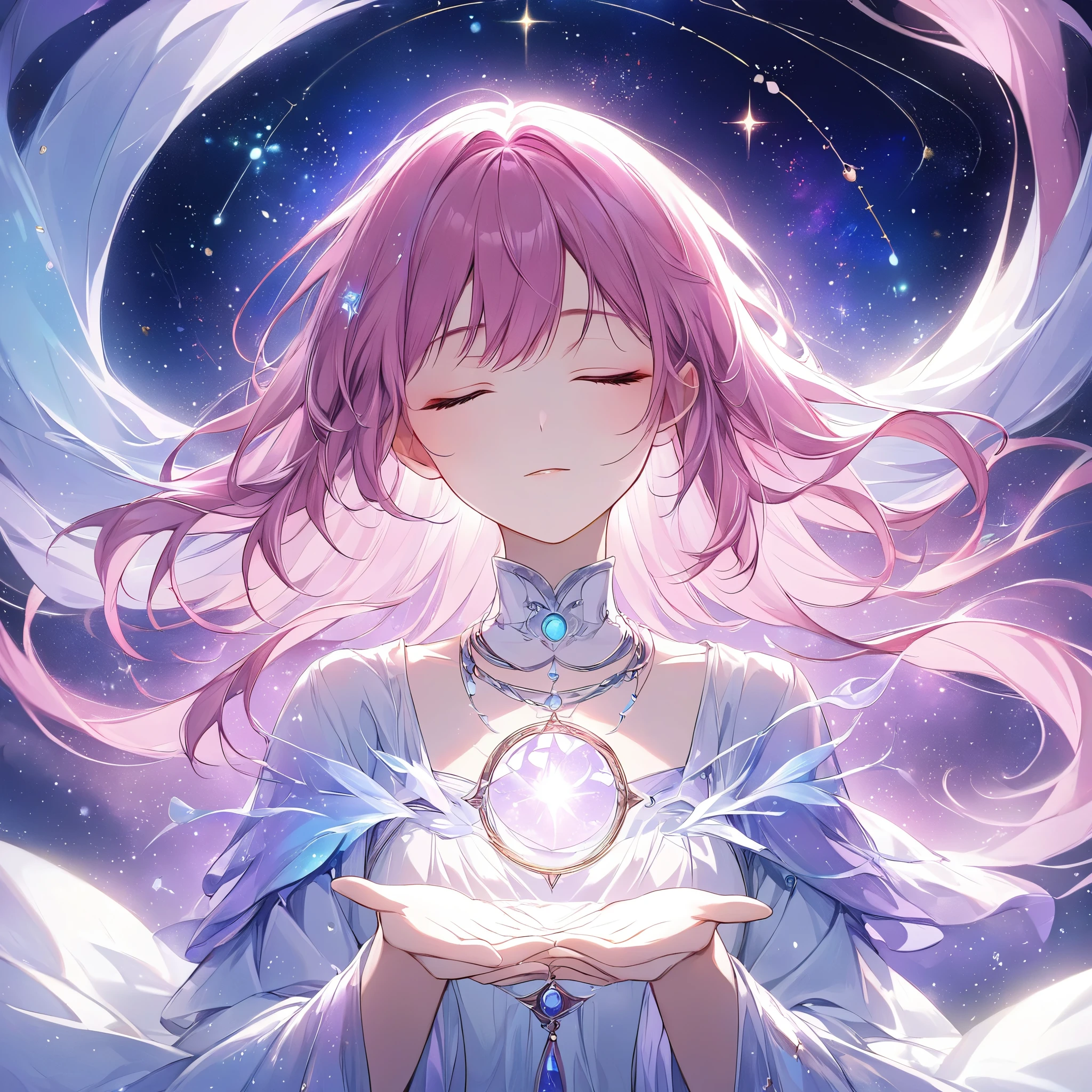 masterpiece, best quality, upper body, 1girl, closed eyes, serene expression, pink hair, mystical markings, celestial necklace with constellation, reaching towards glowing light, ethereal hands, cosmic particles, starry background, purple and blue color scheme, magical aura, fantasy attire, soft lighting, calm and otherworldly atmosphere, floating particles, enchanting scene, celestial theme  