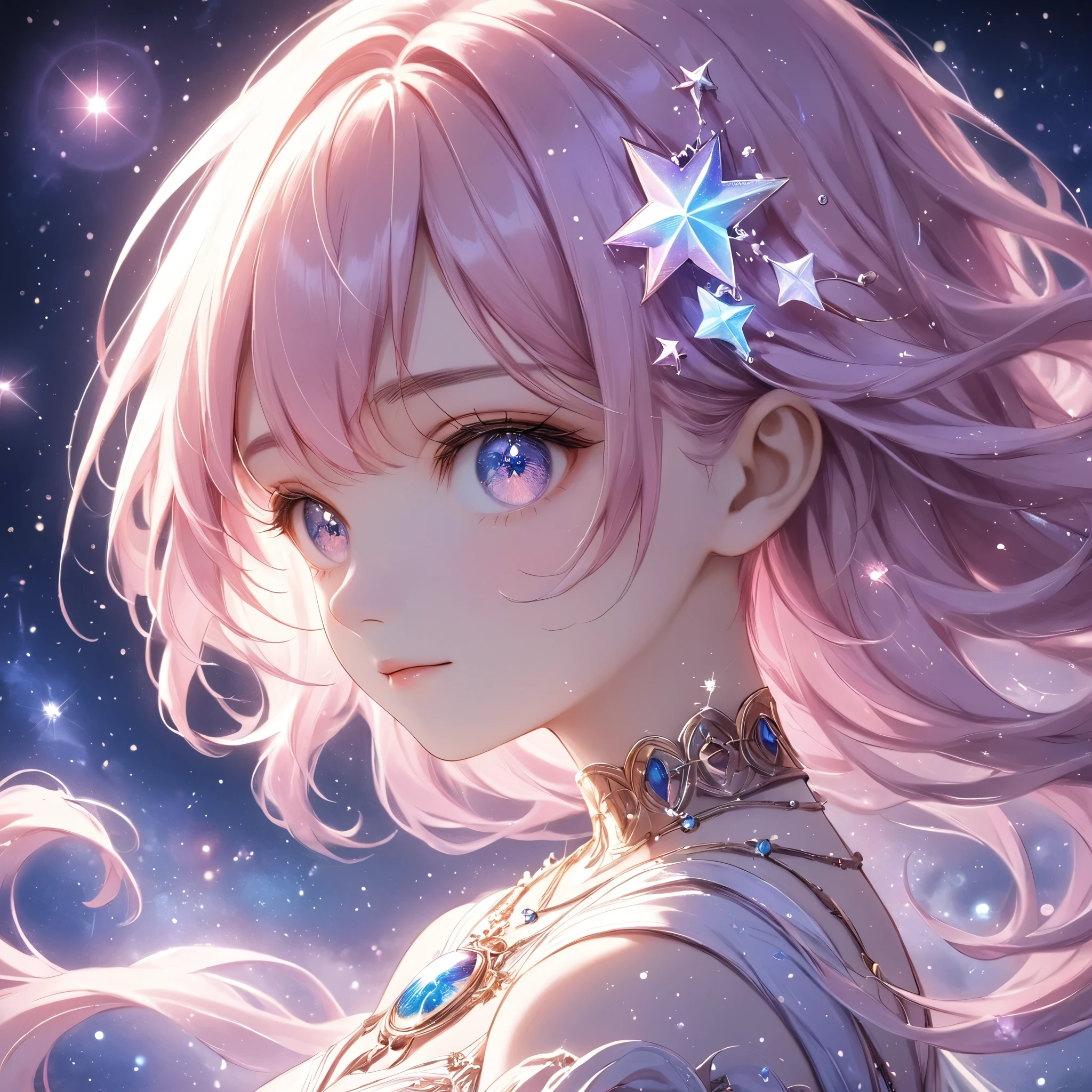 masterpiece, best quality, upper body, 1girl, closed eyes, serene expression, pink hair, mystical markings, celestial necklace with constellation, reaching towards glowing light, ethereal hands, cosmic particles, starry background, purple and blue color scheme, magical aura, fantasy attire, soft lighting, calm and otherworldly atmosphere, floating particles, enchanting scene, celestial theme  