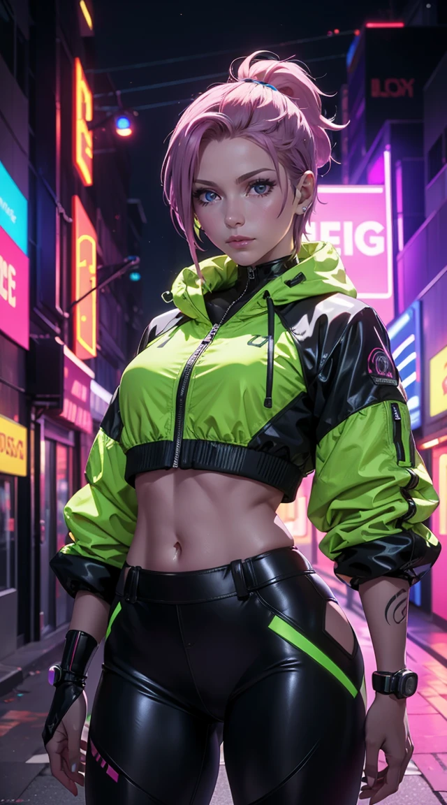 Beautiful woman is shown to have a tiny figure, colorful hair, wearing future yellow cyber city clothes, big yellow colorful puffy jacket, lots of facial piercings, tattoos, neon city, cybernetics, she has blue eyes, sexy session, elegant posing, cowboy shot, superior quality, many details, realistic,