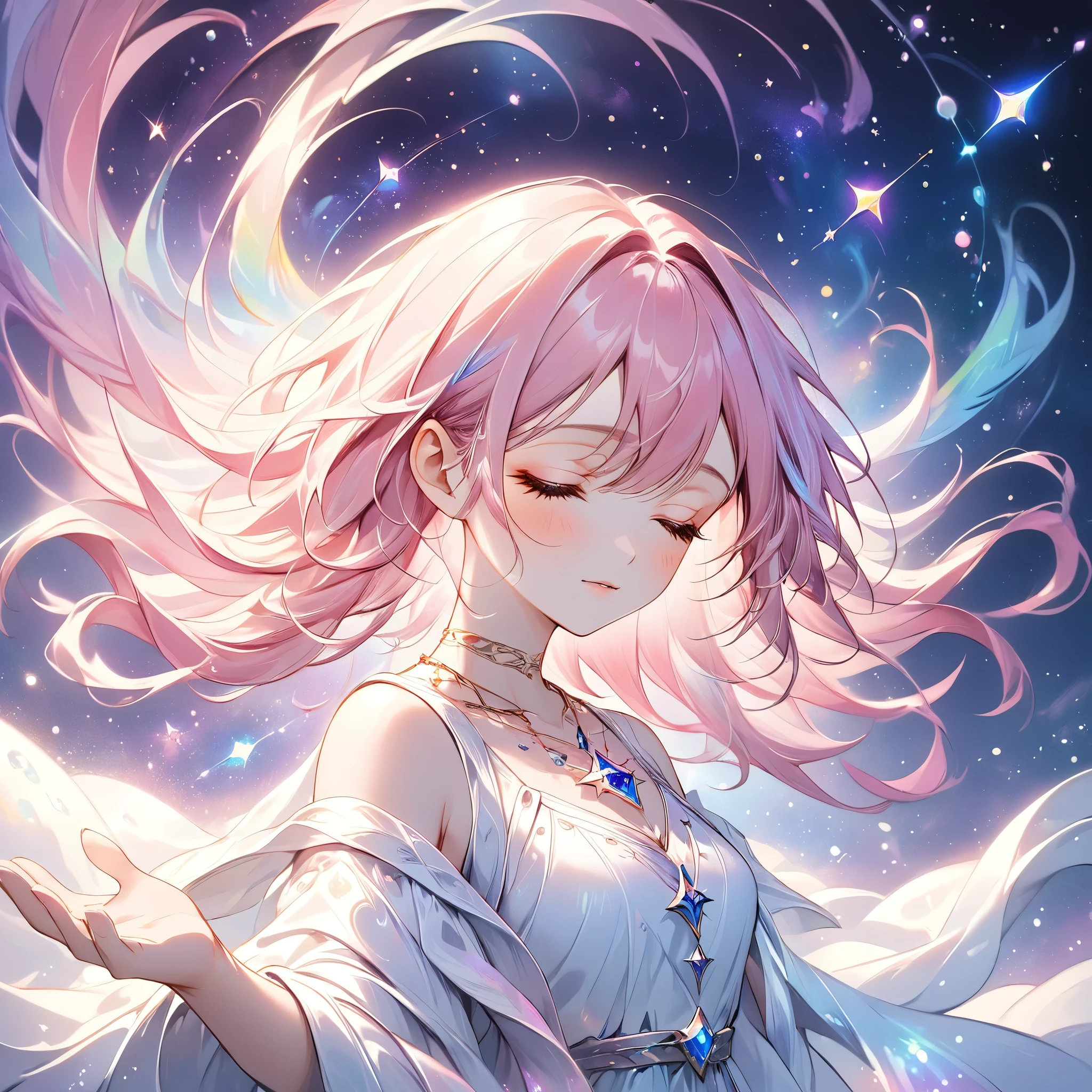 masterpiece, best quality, upper body, 1girl, closed eyes, serene expression, pink hair, mystical markings, celestial necklace with constellation, reaching towards glowing light, ethereal hands, cosmic particles, starry background, purple and blue color scheme, magical aura, fantasy attire, soft lighting, calm and otherworldly atmosphere, floating particles, enchanting scene, celestial theme  