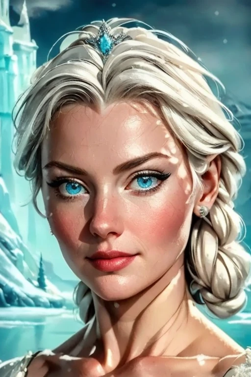 a photorealistic portrait of Elsa, the queen of Arendelle from the Disney animation Frozen, in her ice castle, full body, detailed facial features, beautiful detailed eyes, beautiful detailed lips, extremely detailed face, long eyelashes, elegant ice crown, ice blue dress, graceful pose, snow and ice castle background, realistic lighting, cinematic composition, high quality, 8k, realistic, photorealistic