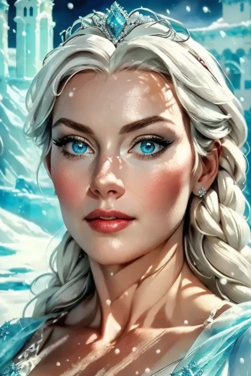 a photorealistic portrait of Elsa, the queen of Arendelle from the Disney animation Frozen, in her ice castle, full body, detailed facial features, beautiful detailed eyes, beautiful detailed lips, extremely detailed face, long eyelashes, elegant ice crown, ice blue dress, graceful pose, snow and ice castle background, realistic lighting, cinematic composition, high quality, 8k, realistic, photorealistic