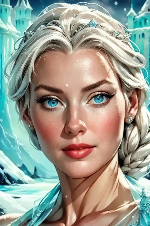 a photorealistic portrait of Elsa, the queen of Arendelle from the Disney animation Frozen, in her ice castle, full body, detailed facial features, beautiful detailed eyes, beautiful detailed lips, extremely detailed face, long eyelashes, elegant ice crown, ice blue dress, graceful pose, snow and ice castle background, realistic lighting, cinematic composition, high quality, 8k, realistic, photorealistic