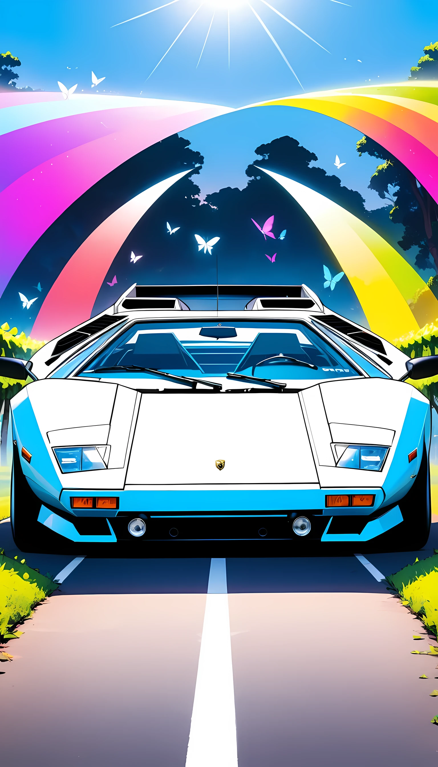  Organic Expressionism ,car,1 car ,Lamborghini,Countach,year-1974,scissor-door, body color =Rainbow/black, bonnets with butterflies, locations are Lombardy ,Vineyards,Shine Muscat, Kampala,  detail, masterpiece,  ultra-fine,  overfall , equipped with modern safety equipment , replace front lights with lasers, replace door mirrors with carbon , wheels are 8 spokes ,Lower vehicle height , cars also have faces ,The finishing touch , and once you finish this illustration, I'll give you this famous car,So seriously draw 