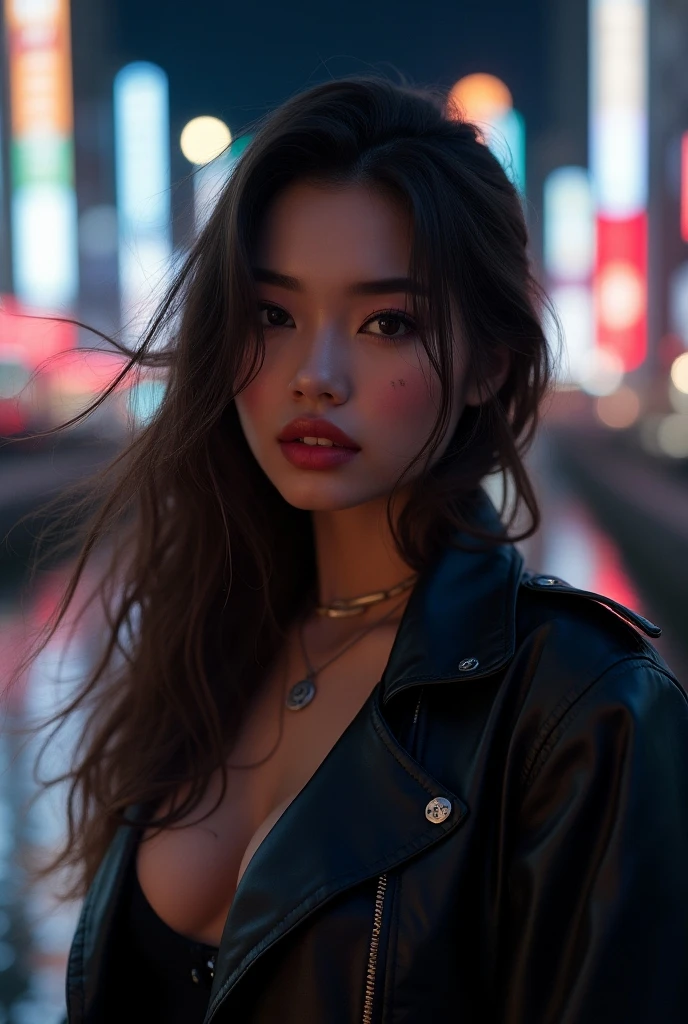 (full body shot:1) photorealistic image of a (laying pose:1) woman, ultrarealistic, photography, straight long dark brown hair, asian woman, beautiful cute sexy asian 20 years old woman, hourglass figure, perfect body, Flirty look, natural big breasts, she wears a black leather jacket,  top, black skirt, long eyelashes, cat eye make-up, double eyelids, sexy pose, erotic pose, seductive pose, in a parking lot, late at night, big breasts,  big tits, busty, big breasts 