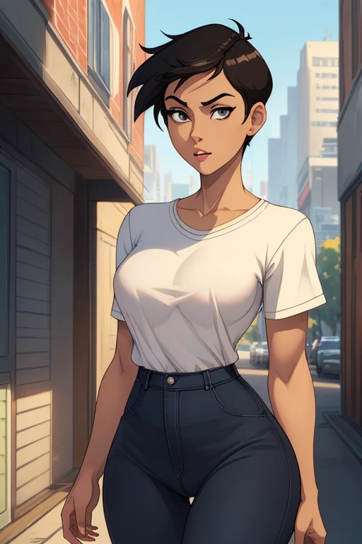 Beautiful 40 year old woman, short hair, black hair, serious face, small nose, best quality, masterpiece, big tits, natural tits, (with more clothes), view from the front