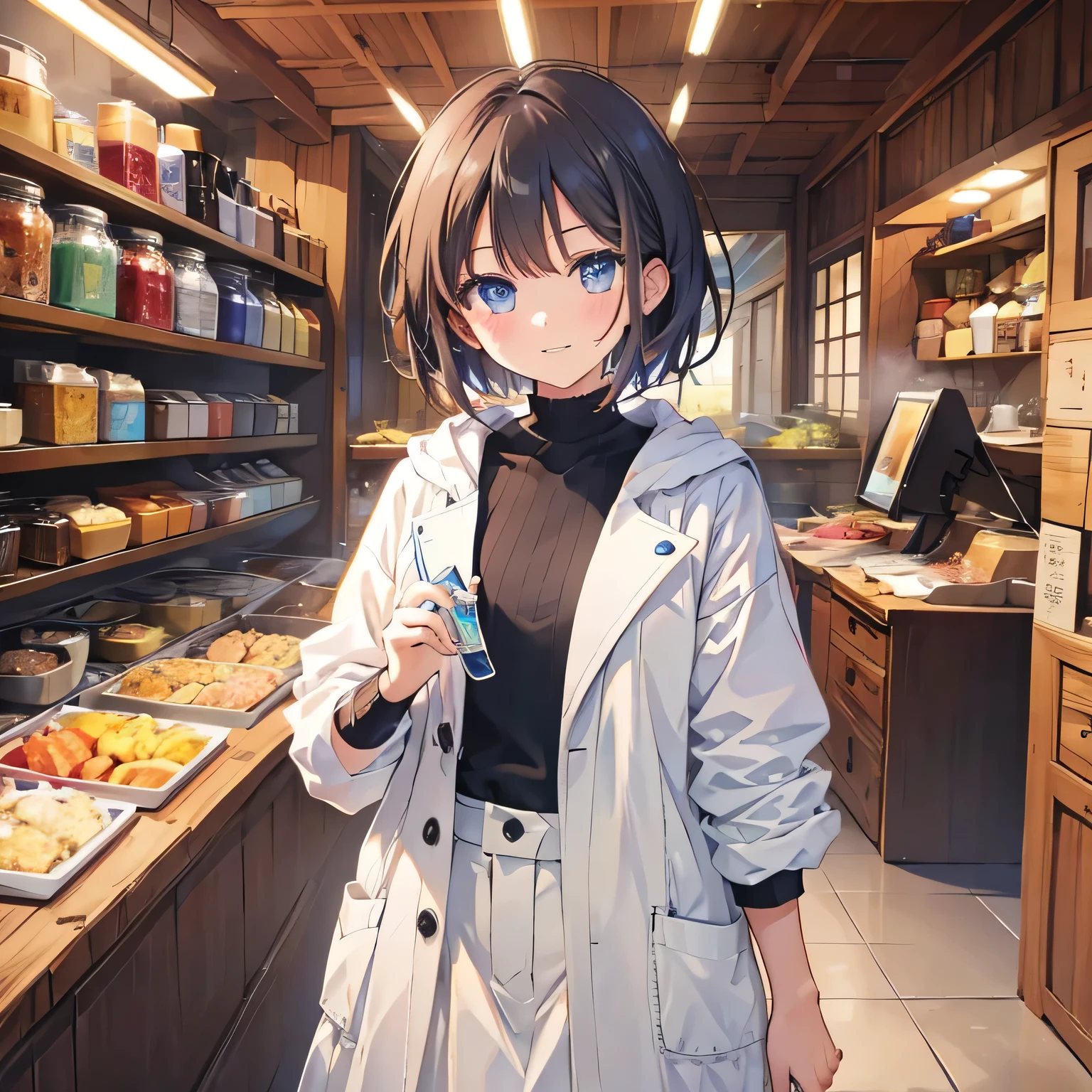 Tool Shop from Another World 。Beautiful dark-haired, bob-cut, brown-eyed girl wearing a white coat doing research。