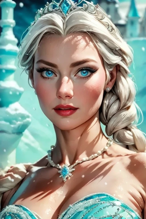 a photorealistic portrait of Elsa, the queen of Arendelle from the Disney animation Frozen, in her ice castle, full body, detailed facial and full body  features, beautiful detailed eyes, beautiful detailed lips, extremely detailed face, long eyelashes, elegant ice crown, ice blue dress, graceful pose full body , snow and ice castle background, realistic lighting, cinematic composition, high quality, 8k, realistic, photorealistic