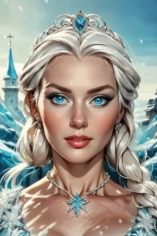 a photorealistic portrait of Elsa, the queen of Arendelle from the Disney animation Frozen, in her ice castle, full body, detailed facial and full body  features, beautiful detailed eyes, beautiful detailed lips, extremely detailed face, long eyelashes, elegant ice crown, ice blue dress, graceful pose full body , snow and ice castle background, realistic lighting, cinematic composition, high quality, 8k, realistic, photorealistic