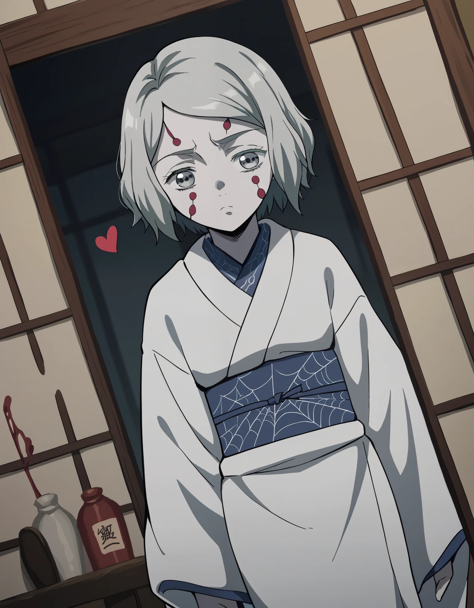  score_9,  score_8_up,  score_7_up, sauce_Anime,姉のSpider Demon, Spider Demon,  short hair,  Hair Ornament ,  short hair, Gray Hair, Grey Eyes,  facial mark,  thick eyebrows,  pure white and pale skin, long sleeve,  clevis,  JEWELRY, kimono, sash, heart,indoor, bed, bed room, Aside,Alone,  watching viewers ,  cowboy shot,  Dutch angle,Serena