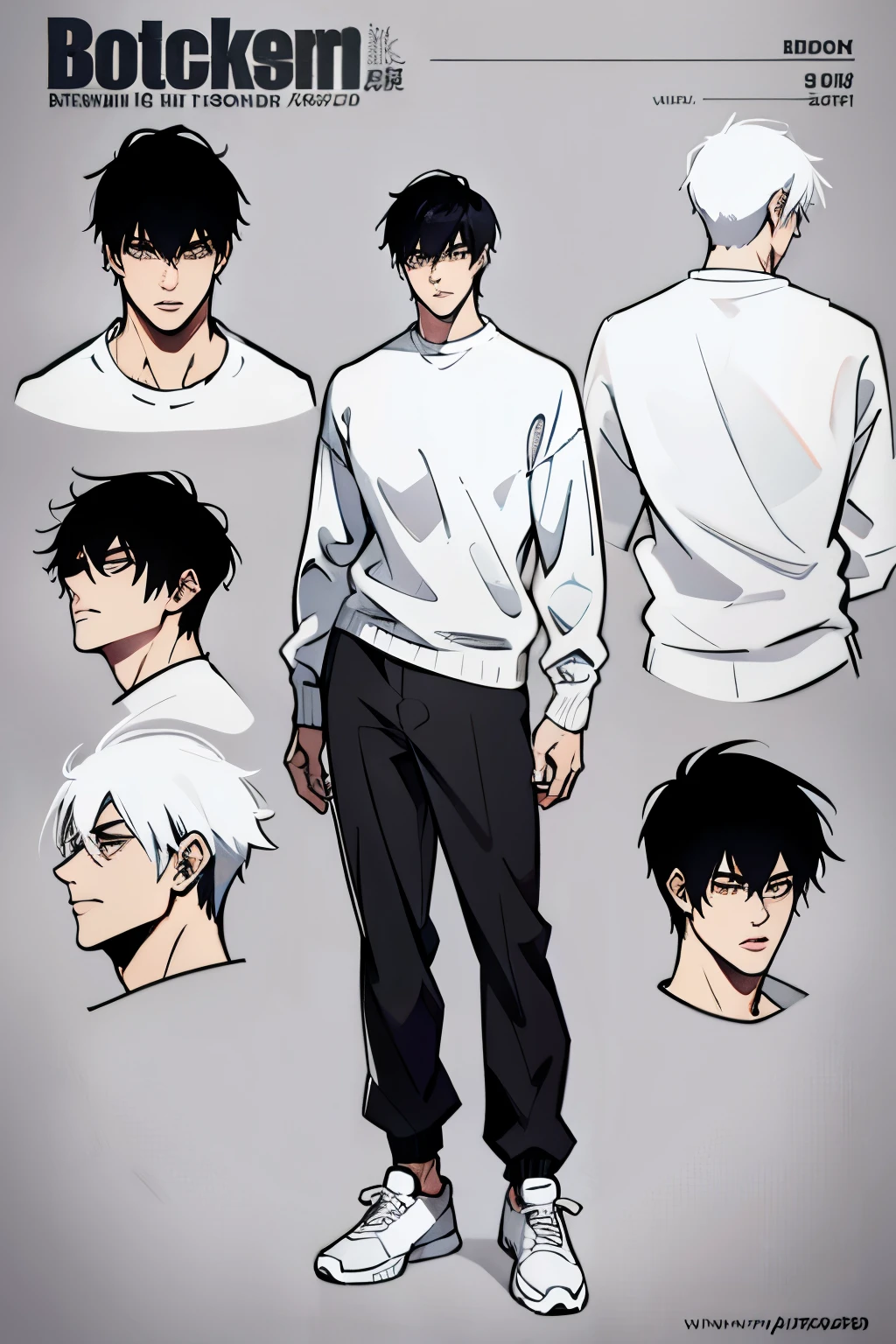 Character Sheet, Character Design, male, 20 years old, black hair, modern clothes, white sweater, black pants, white shoes