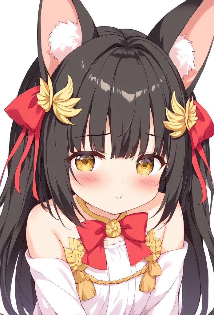 Nagato、Black Hair、 cute girl 、 、Big animal ears、blush、Puff out your cheeks、Big ribbon、White background、masterpiece、 High image quality 、 masterpiece胸,  Masterpiece

