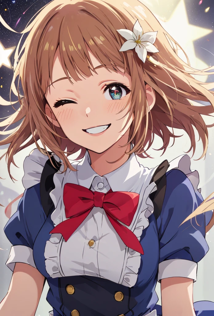  1 Girl,Character portrait, blue dress on white, yuki mio   ,   idol wars z,idol master,Blonde, blunt bangs, Bob Hair, brown eye, maid clothes,big smile, one eye closed, Very energetic, bright smile, a wind of light blows from her, she has the talent of an idol, a smile that makes people happy, spreading energy,,((stars popping out from closed eye)),illustration, anime, Official Art,  wallpaper,  very detailed, ((( very detailed eye))), shut up., masterpiece, Best Quality, Realistic Portrait , Complicated clothes,  very detailed,  Dynamic Angle,  the most beautiful form of chaos ,  elegant,  brutalism design,  bright color,  romantic flowers