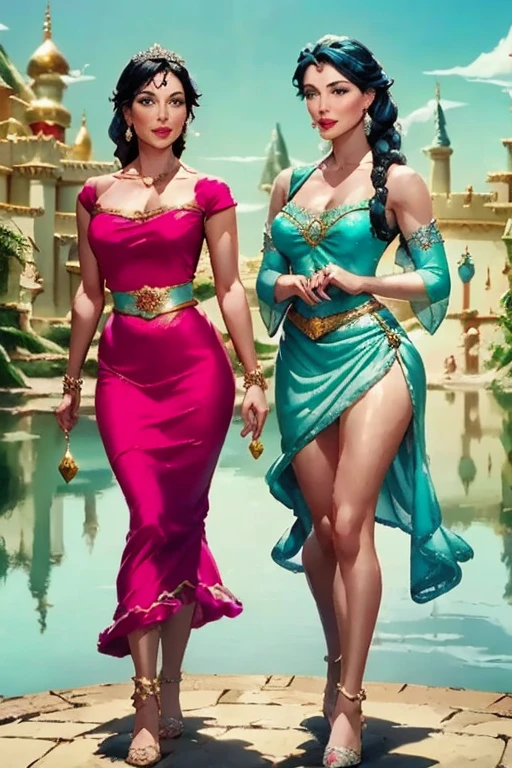 Jasmine a princesa de Aladdin e Elsa a Rainha de Arendelle,two full-body Disney princesses looking at the viewer, Royal Palace Scenery