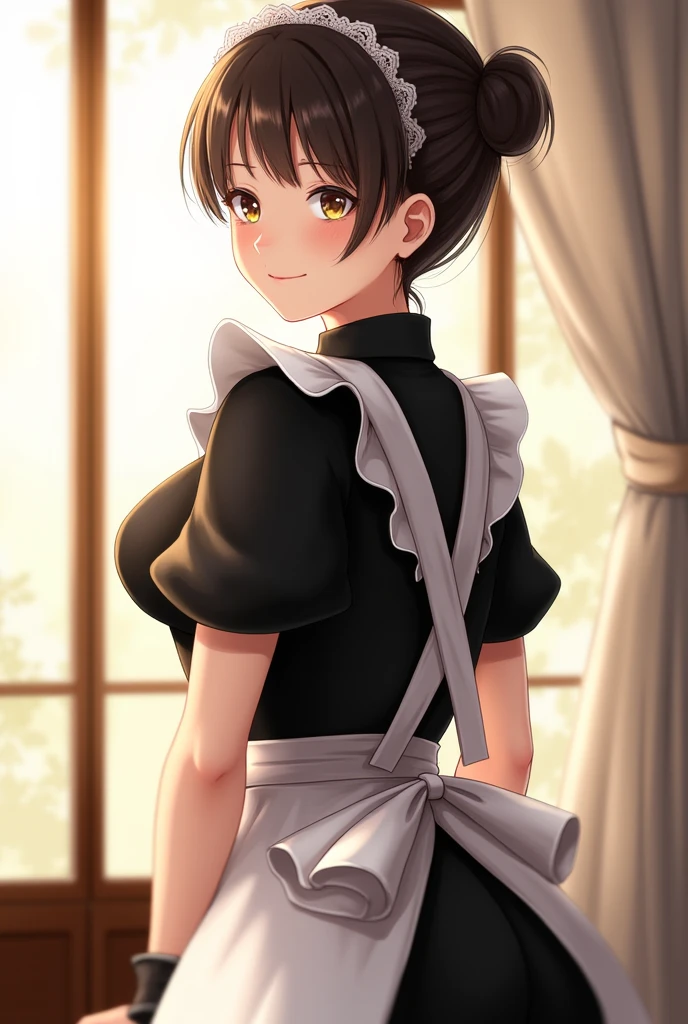 A stunningly beautiful Japanese maid with a graceful face, dressed in a classic black-and-white maid outfit with delicate lace trimmings. She is turned towards the viewer, slightly tilting her head while giving a cute smile. Her well-fitted maid’s outfit accentuates her slim figure, and her white apron contrasts the outfit. Sunlight softly illuminates her face, highlighting her delicate features and the playful smile. Her hair is neatly styled in a bun, with a few loose strands framing her face, and a small lace headband adorns her head. The atmosphere remains luxurious, exuding charm and warmth.
