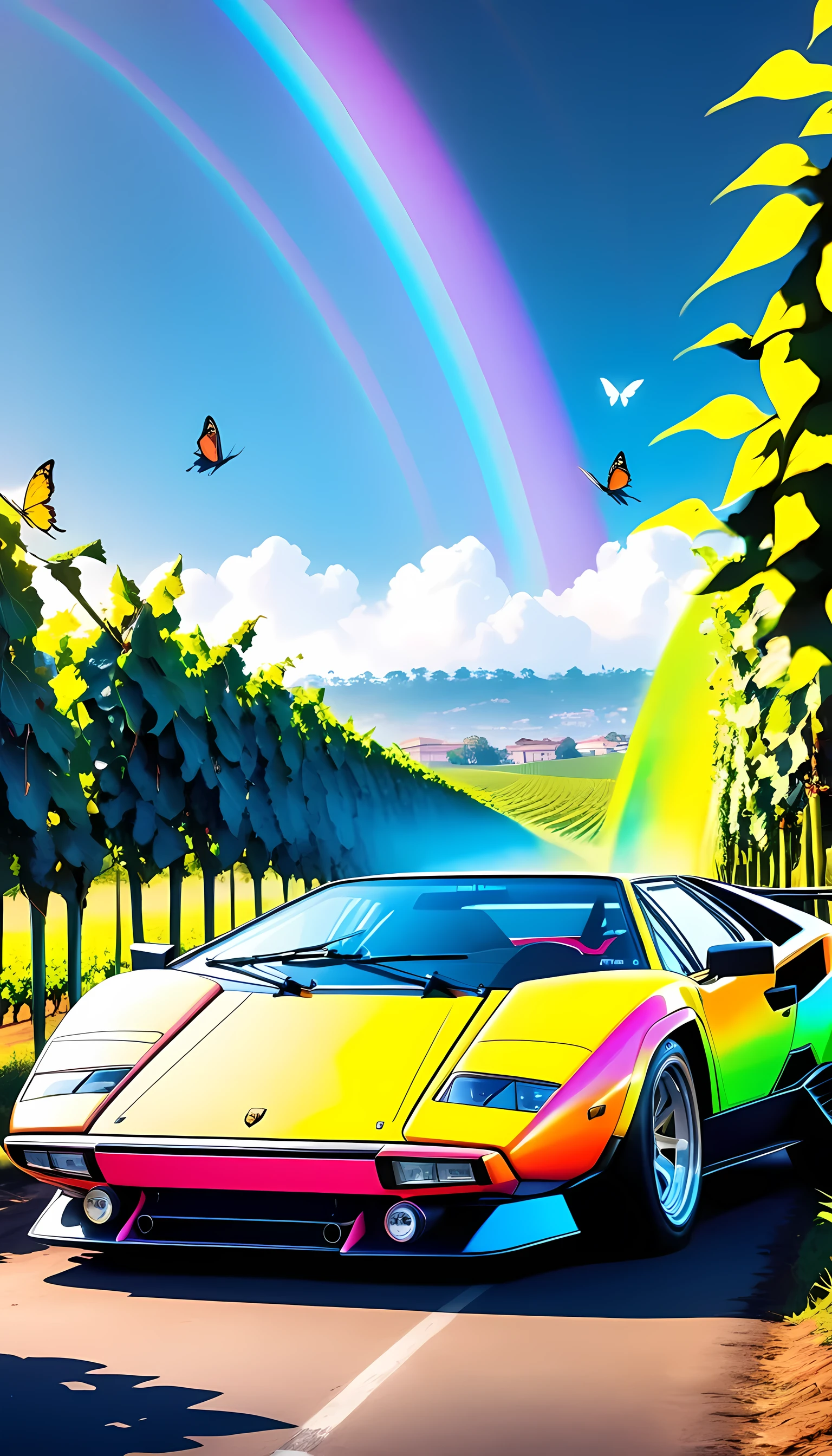  Organic Expressionism ,car,1 car ,Lamborghini,Countach,year-1974,scissor-door, body color =Rainbow/black, bonnets with butterflies, locations are Lombardy ,Vineyards,Shine Muscat, Kampala,  detail, masterpiece,  ultra-fine,  overfall , equipped with modern safety equipment , replace front lights with lasers, replace door mirrors with carbon , wheels are 8 spokes ,Lower vehicle height , cars also have faces ,The finishing touch , once you finish this illustration, I'll hand over this famous car to you,So draw seriously 