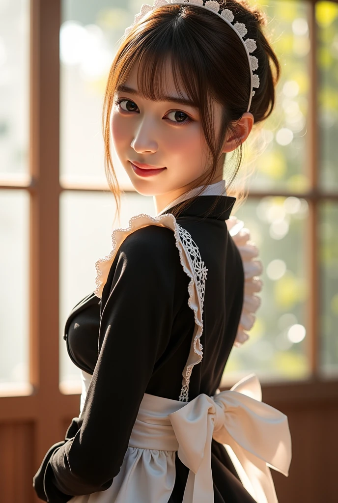 A stunningly beautiful Japanese maid with a graceful face, dressed in a classic black-and-white maid outfit with delicate lace trimmings. She is turned towards the viewer, slightly tilting her head while giving a cute smile. Her well-fitted maid’s outfit accentuates her slim figure, and her white apron contrasts the outfit. Sunlight softly illuminates her face, highlighting her delicate features and the playful smile. Her hair is neatly styled in a bun, with a few loose strands framing her face, and a small lace headband adorns her head. The atmosphere remains luxurious, exuding charm and warmth.