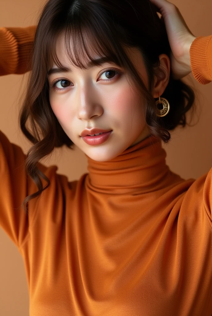 A stunning 1girl in her s, posing for a glamorous portrait photoshoot. She wears an orange turtleneck sweater up to her chin, revealing her beautiful face with mesmerizing earrings. Her short dark hair is perfectly mid-parted, and her cheeks have a subtle blush and goosebumps effect. The skin texture is textured, with realistic dull noise and visible detail, including skin fuzz and dryness. Her fingers are perfect, showcasing remarkable colors. She breaks away from the simple plain background to reveal a vintage-inspired uniform: a fitted blouse and high-waisted pants. The photo features an upper body framing within the rule of thirds, with soft bounced lighting enhancing the photorealistic details. The overall atmosphere is one of studio lightning, with the model's eyes standing out against a backdrop of satin-like quality. In a second scenario, she wears a SHINY copper ORANGE latex suit (Clear Glossy Molded Clear Plastic Catsuit) and strikes a dramatic pose in a torn, helmet-shaped swimsuit. Perfect lighting accentuates her figure, highlighting her huge breasts and captivating gaze. The overall effect is one of photorealistic perfection at 8k UHD resolution.