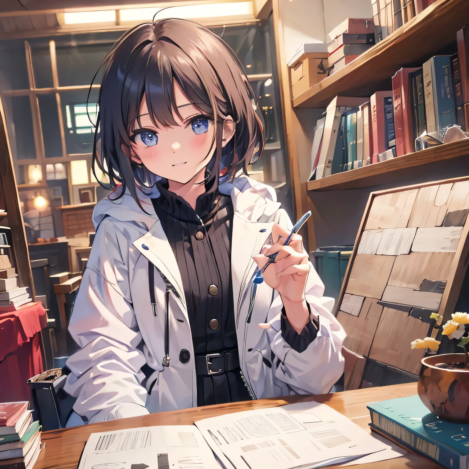 Tool Shop from Another World 。Beautiful dark-haired, bob-cut, brown-eyed girl wearing a white coat doing research。