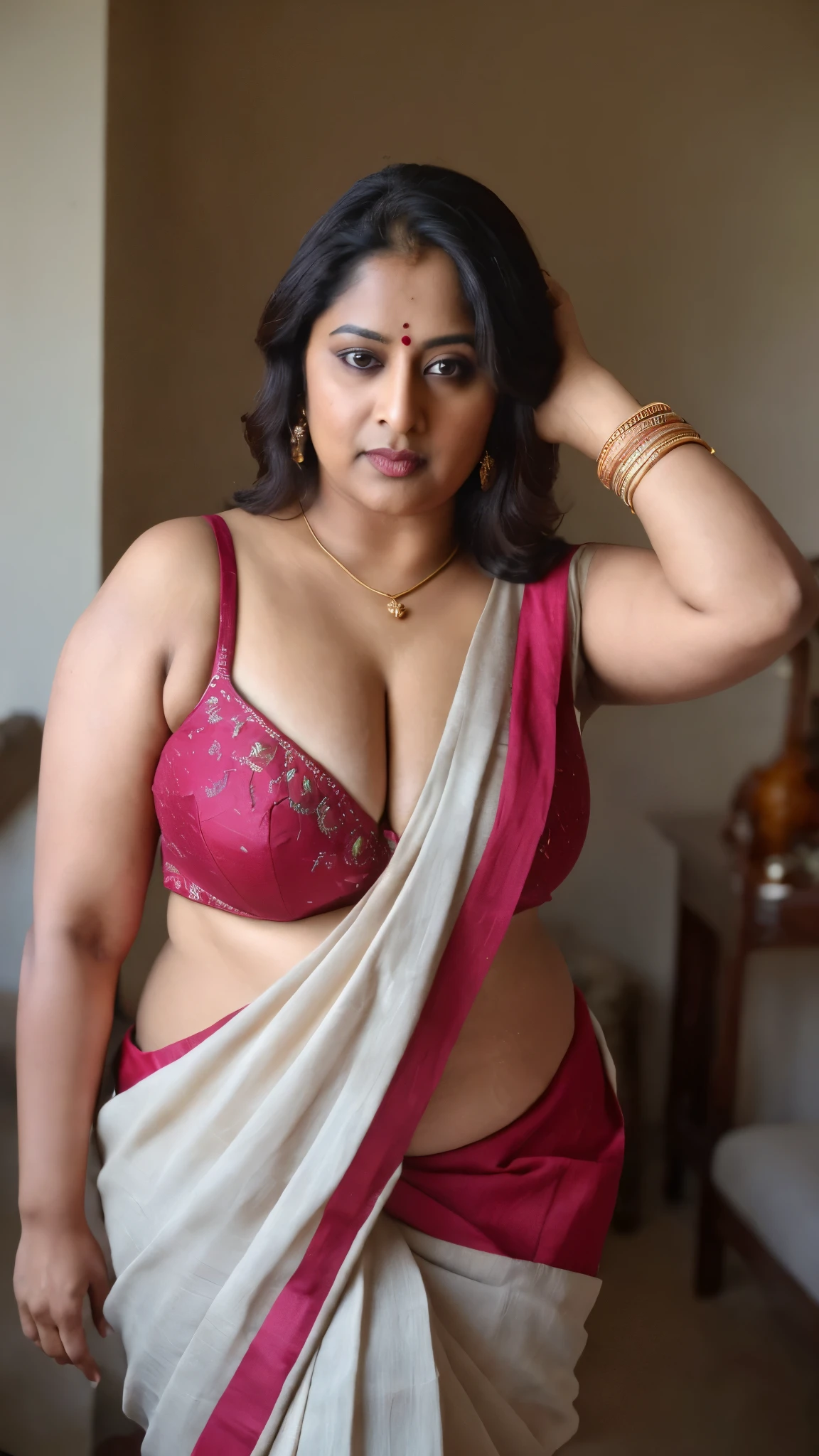 a mature (most beautiful lady(voluptuous) pretty face(gorgeous:0.5, cute:1.5) ) lady(beautiful breasts(very saggy:1.5), (voluptuous:0.4)) wearing beautiful designer saree(deep cleavage, very beautiful), (), () (), () cleaning floor in village outside home. Very realistic skin, natural skin texture. Very beautiful face. She is giving sexy down blouse pose. Beautiful blouse designs, real life scene, Face details are realistic, most beautiful, pretty and delicately gorgeous. Her breasts have natural perfect shape. Background around her is visible enough. Her hands are perfectly shaped.