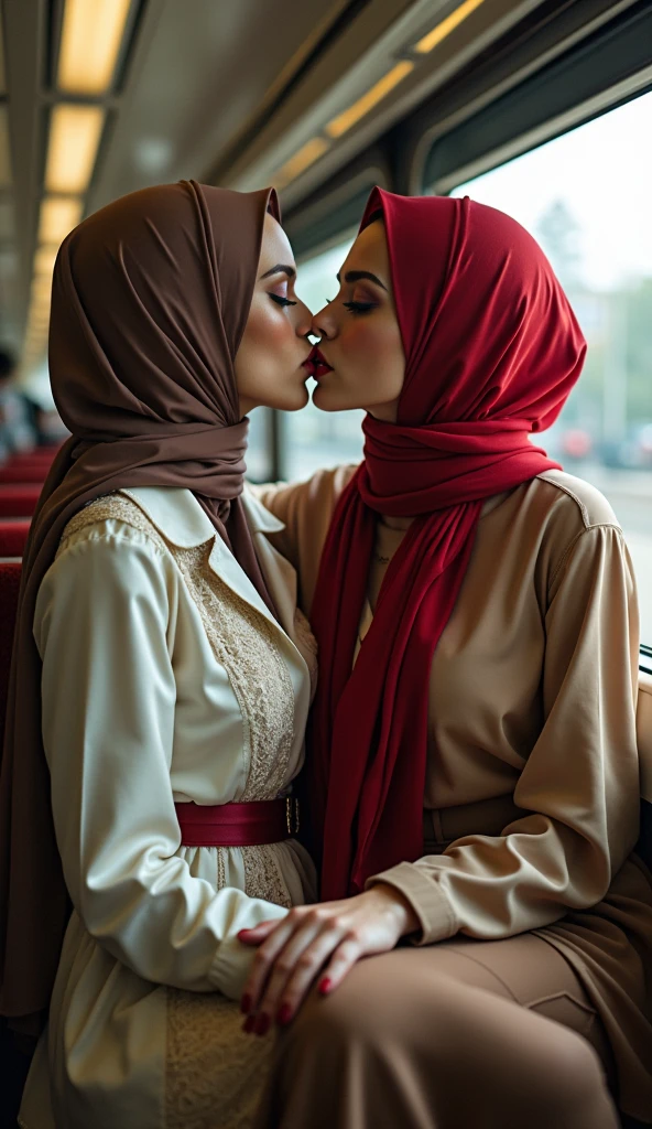(wearing-hijab:1.4), 2woman, Lesbian Scene, Deeply Kissing, Sharing Passionate Groping Breast, in the park, wet situation, ((ultra gigantic tits))), ((plump body shape)), ((Plump)), (()), (Detailed description of face),(Detailed description of body), Fair and clear skin, matchless beauty, long legged, ,(Stockingeauty mole,(Sapphire Necklace),(mature royal sister),(red-lips),(),、, doress、, muslim woman in a Delicate turtleneck print peplum dress