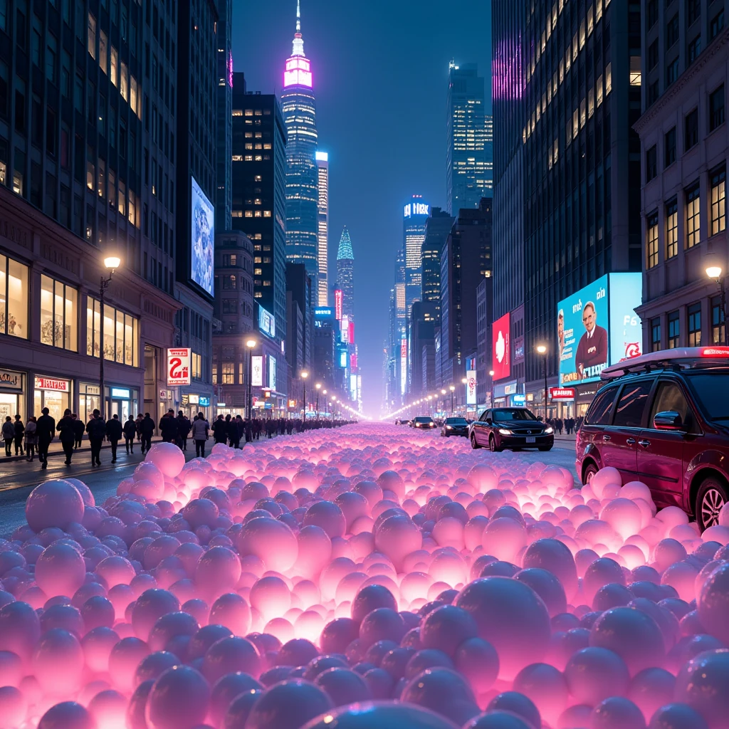 a large amount of glowing bubbles illuminated by neon lights, main street covered in foam from a malfunctioning building fire extinguisher system, vehicles and pedestrians covered in foam, neon-lit main street of a bustling metropolis, looking up at the towering skyscrapers along the main street, nighttime cityscape of skyscrapers and main street, shimmering bubbles and cityscape, a fantastical yet accident-ridden scene